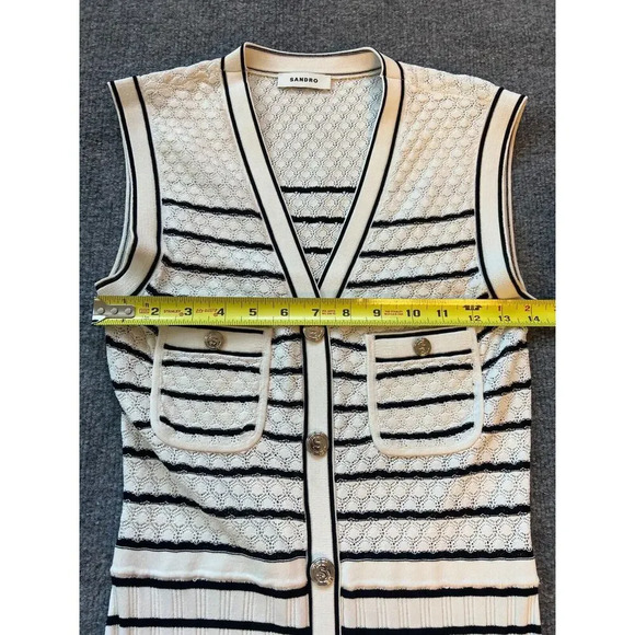 Sandro Molina White Striped Sleeveless Buttoned V Neck Knit Midi Dress Sz 36 - Picture 15 of 16